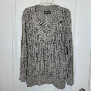 Michael Stars Lace up Sweater Cotton Open Knit Gray Marled Cozy Vneck Oversize S
